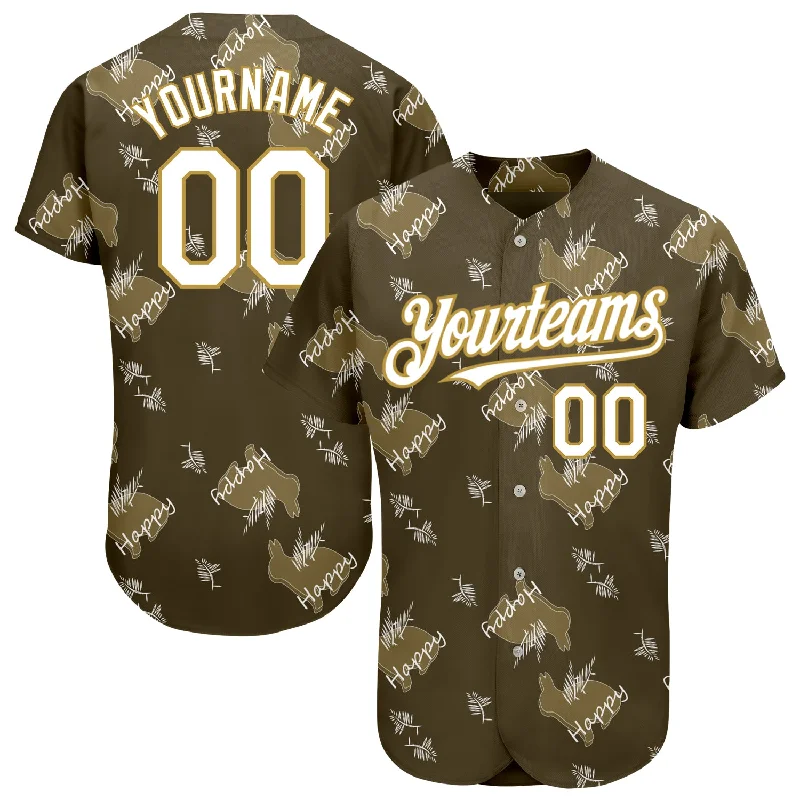 Custom Olive Old Gold-White 3D Pattern Design Rabbit Authentic Baseball Jersey