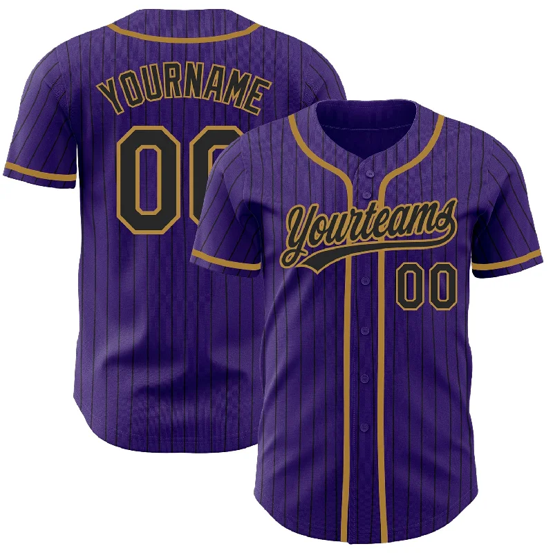 Custom Purple Black Pinstripe Black-Old Gold Authentic Baseball Jersey