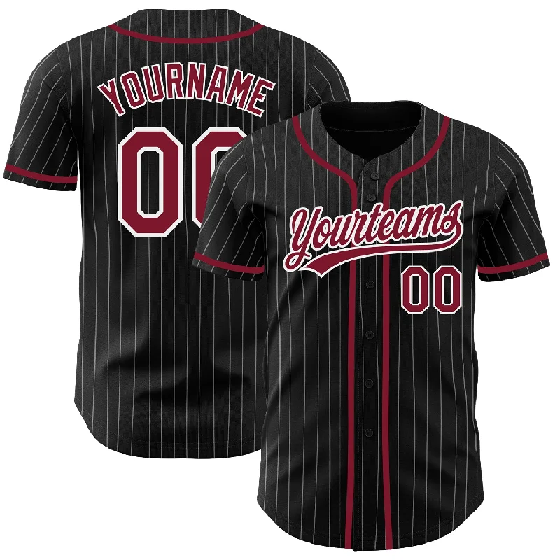 Custom Black White Pinstripe Crimson Authentic Baseball Jersey