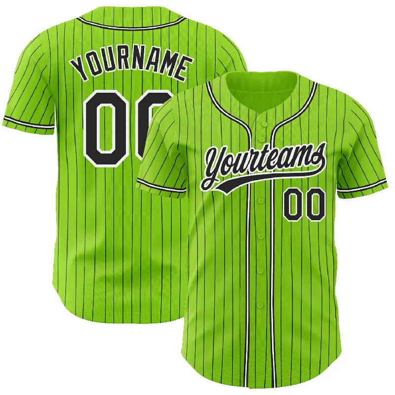 Custom Neon Green Black Pinstripe Black-White Authentic Baseball Jersey