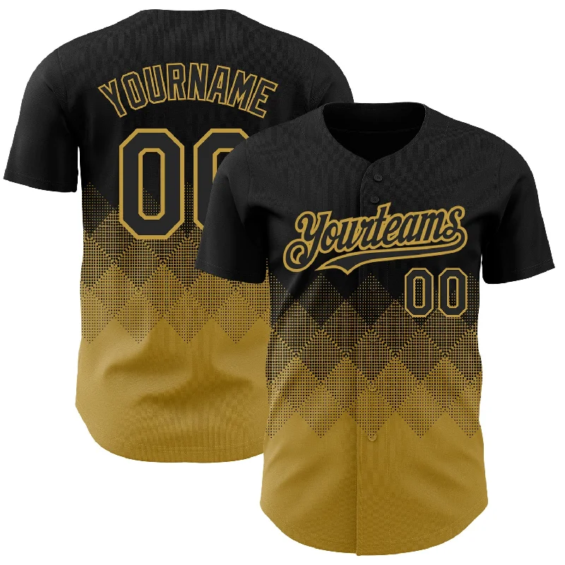 Custom Black Old Gold 3D Pattern Design Gradient Square Shapes Authentic Baseball Jersey