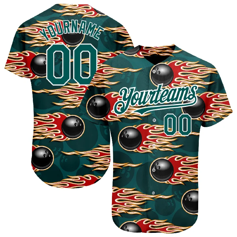 Custom Midnight Green White 3D Pattern Design Bowling Ball With Hotrod Flame Authentic Baseball Jersey