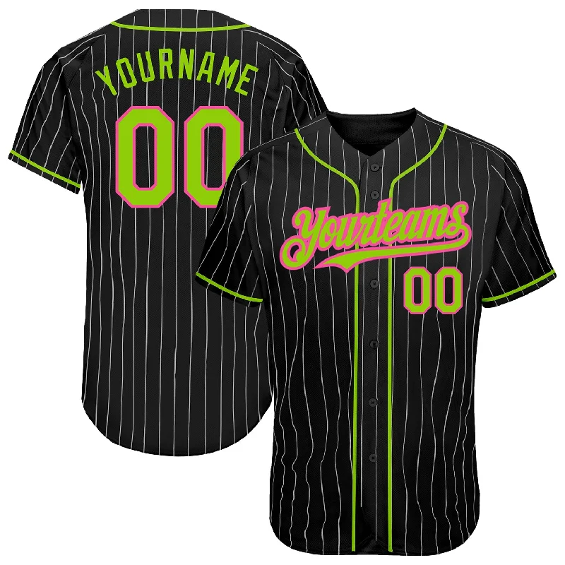 Custom Black White Pinstripe Neon Green-Pink Authentic Baseball Jersey