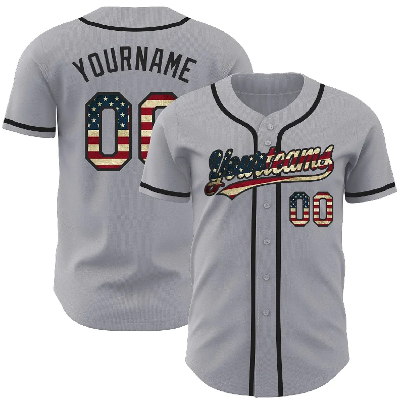 Custom Gray Vintage USA Flag-Black Authentic Baseball Jersey