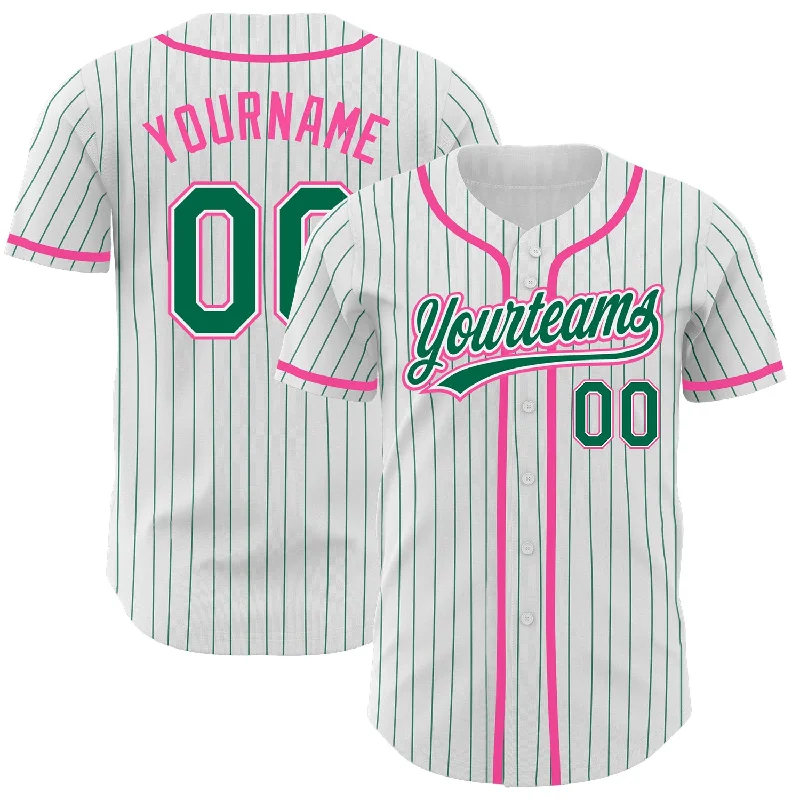 Custom White Kelly Green Pinstripe Kelly Green-Pink Authentic Baseball Jersey