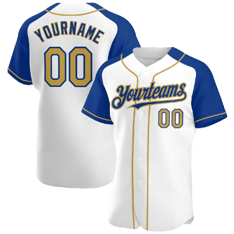 Custom White Old Gold-Royal Authentic Raglan Sleeves Baseball Jersey