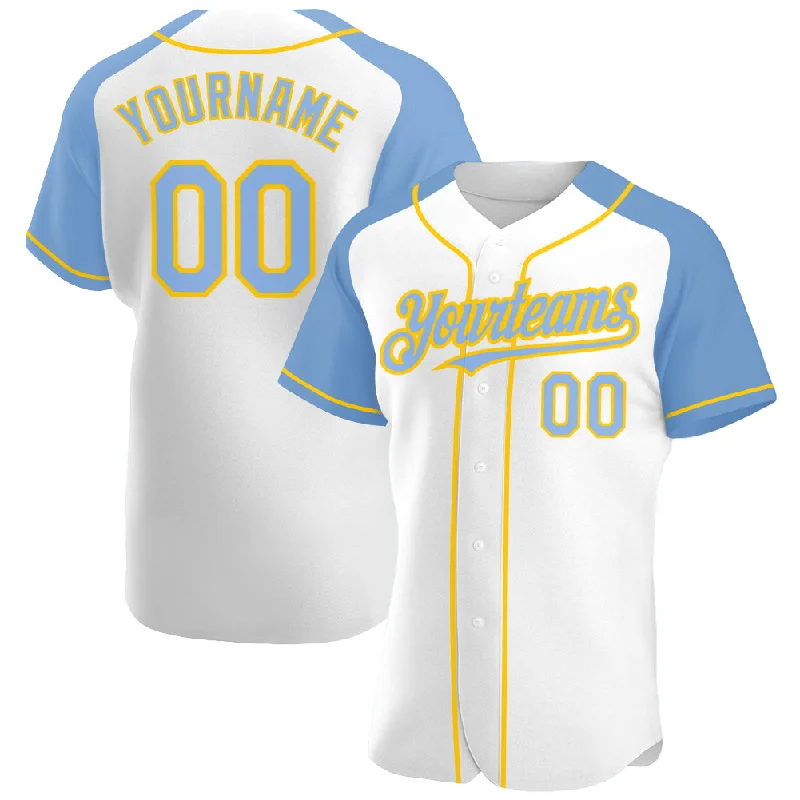 Custom White Light Blue-Yellow Authentic Raglan Sleeves Baseball Jersey