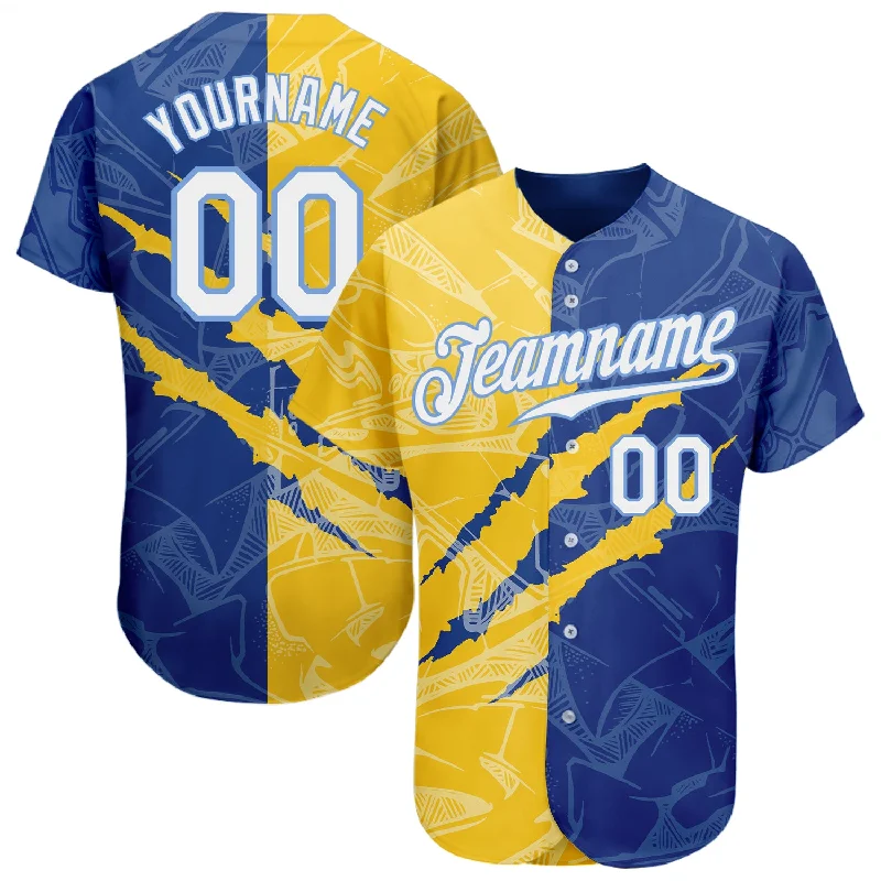 Custom Graffiti Pattern White Yellow Royal-Light Blue 3D Scratch Authentic Baseball Jersey