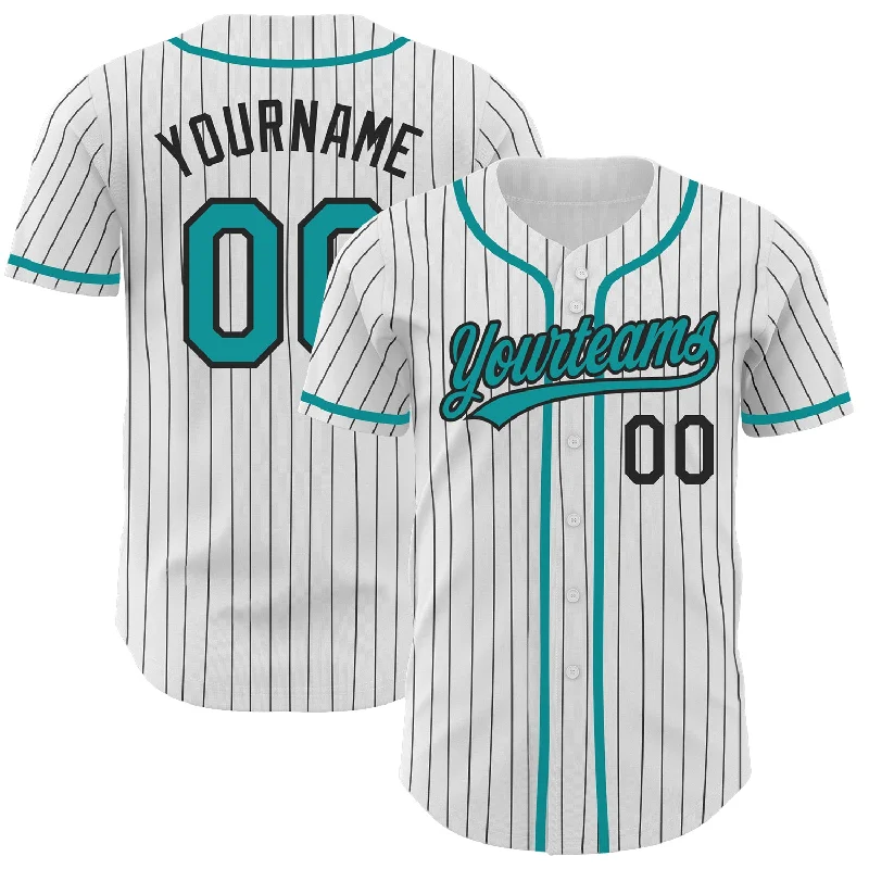 Custom White Black Pinstripe Teal Authentic Baseball Jersey