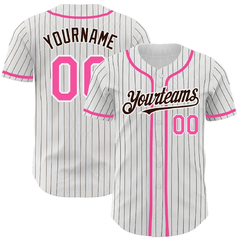 Custom White Brown Pinstripe Pink Authentic Baseball Jersey