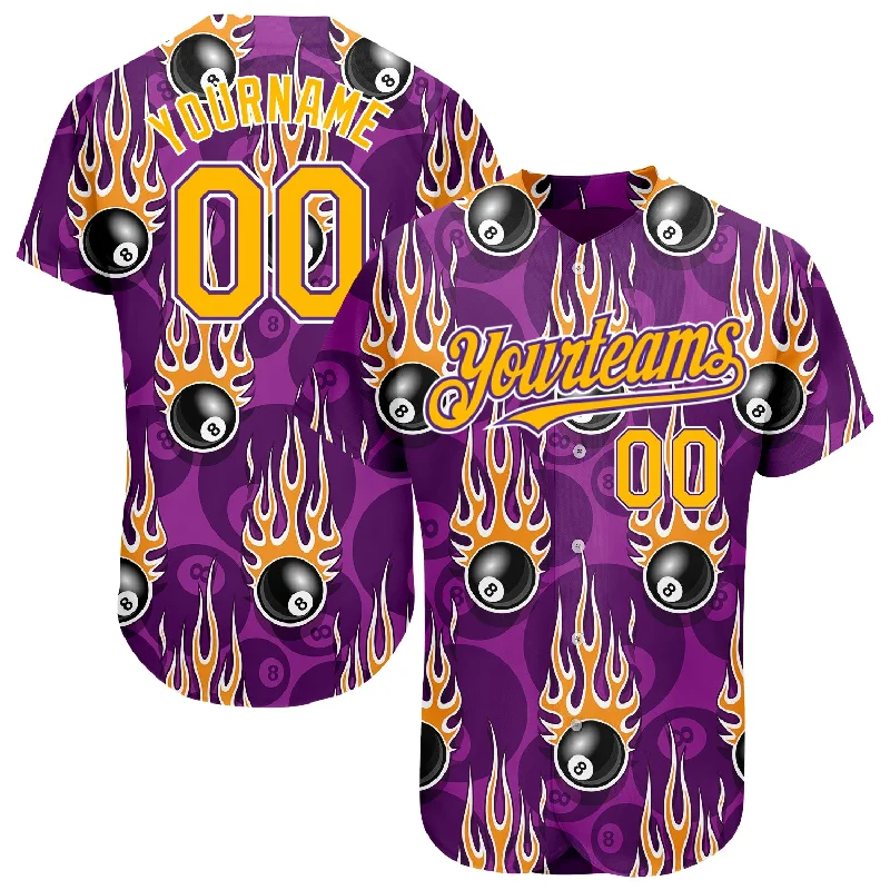 Custom Purple Gold-White 3D Pattern Design Billiards Snooker 8 Ball With Hotrod Flame Authentic Baseball Jersey