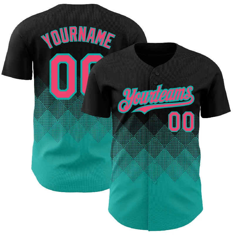 Custom Black Neon Pink-Aqua 3D Pattern Design Gradient Square Shapes Authentic Baseball Jersey