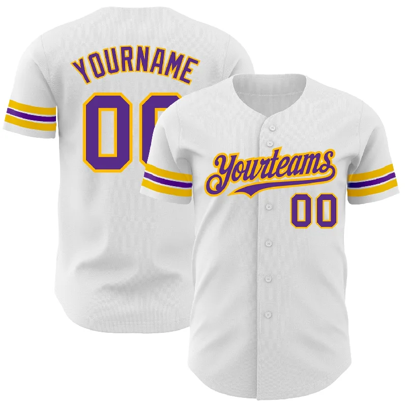 Custom White Purple-Gold Authentic Baseball Jersey