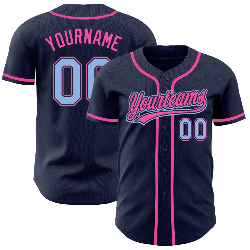 Custom Navy Light Blue-Pink Authentic Baseball Jersey