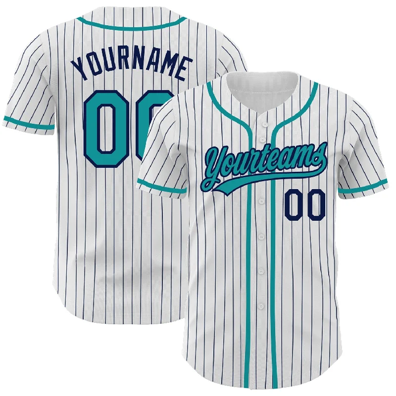 Custom White Navy Pinstripe Teal Authentic Baseball Jersey