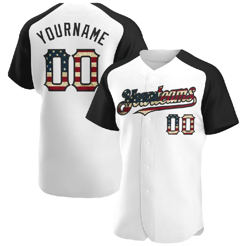 Custom White Vintage USA Flag-Black Authentic Raglan Sleeves Baseball Jersey