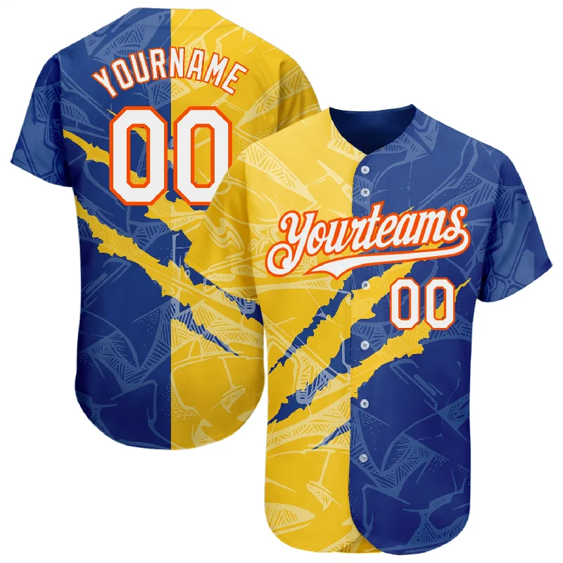 Custom Graffiti Pattern White Royal Yellow-Orange 3D Scratch Authentic Baseball Jersey