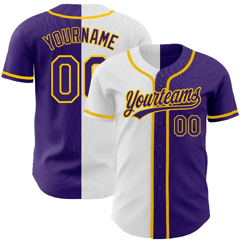 Custom Purple Purple White-Gold Authentic Split Fashion Baseball Jersey