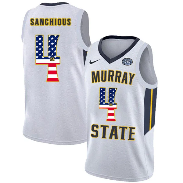 Murray State Racers 4 Brion Sanchious White USA Flag College Basketball Basketball Jersey