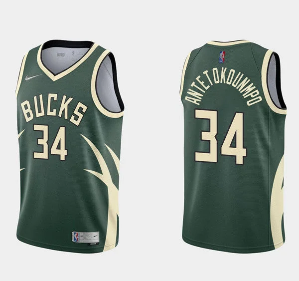 Men's Milwaukee Bucks Green #34 Giannis Antetokounmpo Earned Edition Stitched Basketball Jersey