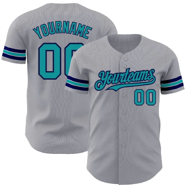 Custom Gray Teal-Navy Authentic Baseball Jersey