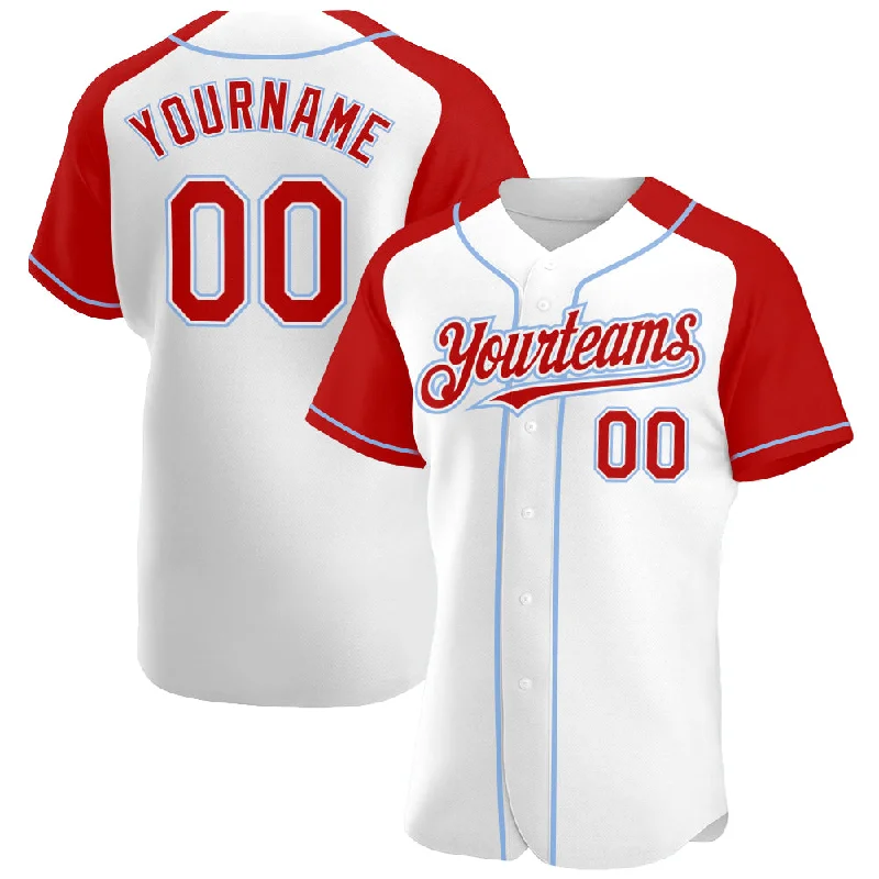 Custom White Red-Light Blue Authentic Raglan Sleeves Baseball Jersey