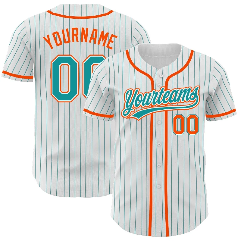 Custom White Teal Pinstripe Teal-Orange Authentic Baseball Jersey