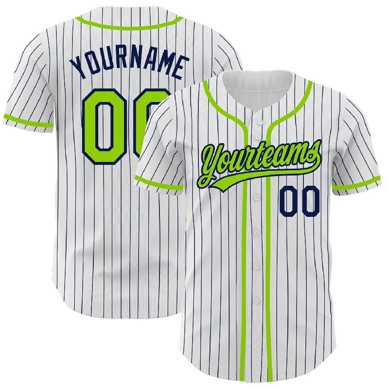 Custom White Navy Pinstripe Neon Green Authentic Baseball Jersey