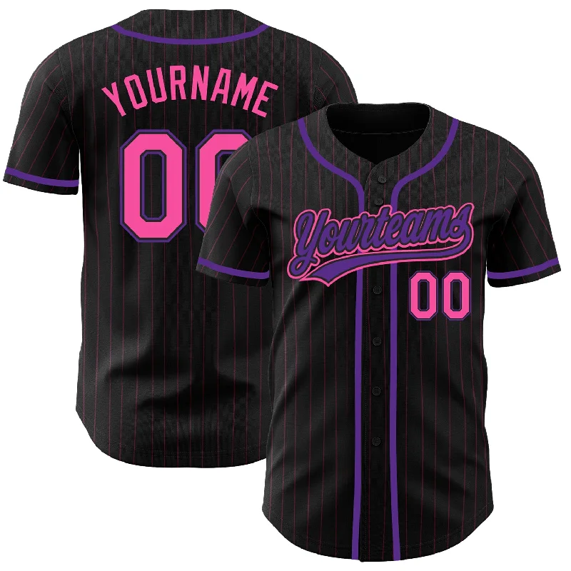 Custom Black Pink Pinstripe Pink-Purple Authentic Baseball Jersey