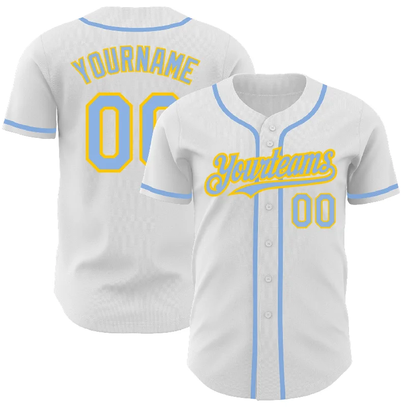 Custom White Light Blue-Yellow Authentic Baseball Jersey