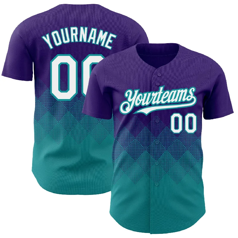 Custom Purple White-Teal 3D Pattern Design Gradient Square Shapes Authentic Baseball Jersey