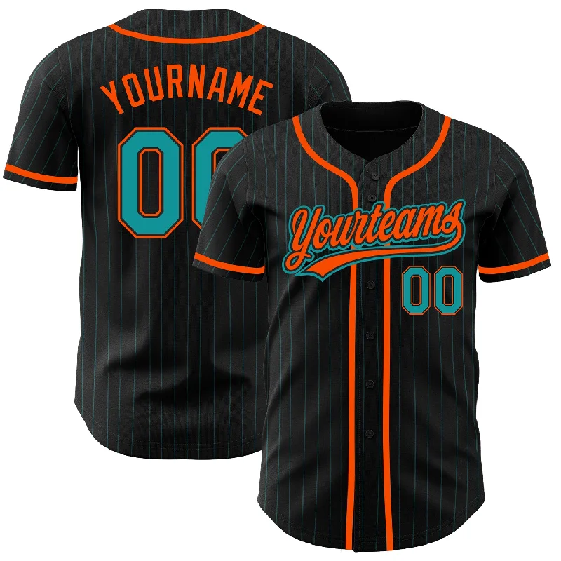 Custom Black Teal Pinstripe Teal-Orange Authentic Baseball Jersey