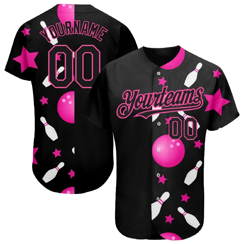 Custom Black Pink 3D Pattern Design Bowling Authentic Baseball Jersey