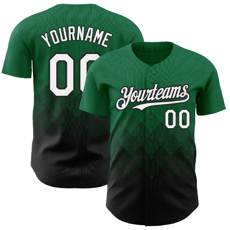 Custom Kelly Green White-Black 3D Pattern Design Gradient Square Shapes Authentic Baseball Jersey