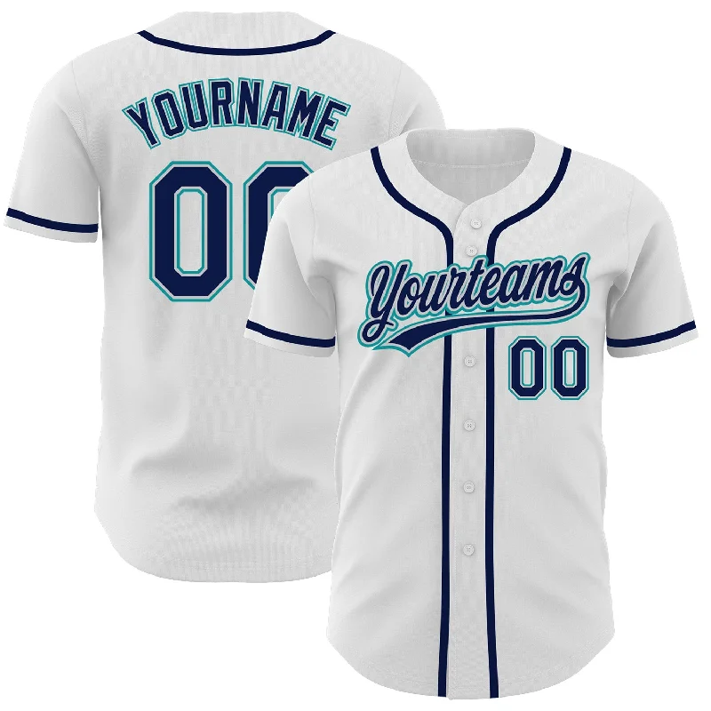 Custom White Navy Gray-Teal Authentic Baseball Jersey