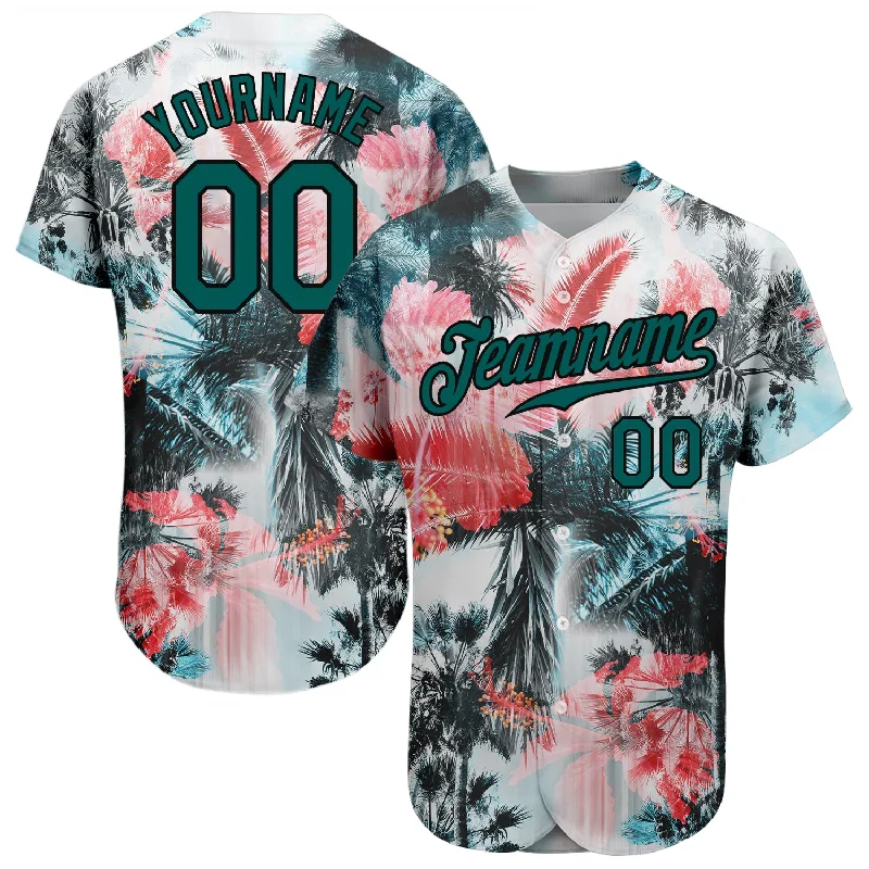 Custom White Midnight Green-Black 3D Pattern Design Hawaii Palm Trees Authentic Baseball Jersey