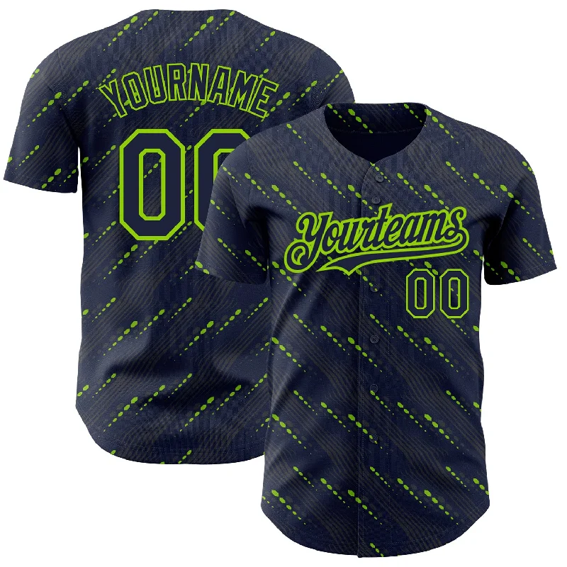 Custom Navy Neon Green 3D Pattern Design Slant Lines Authentic Baseball Jersey