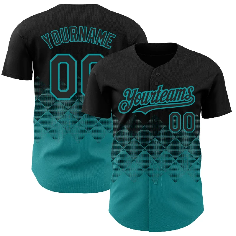 Custom Black Teal 3D Pattern Design Gradient Square Shapes Authentic Baseball Jersey