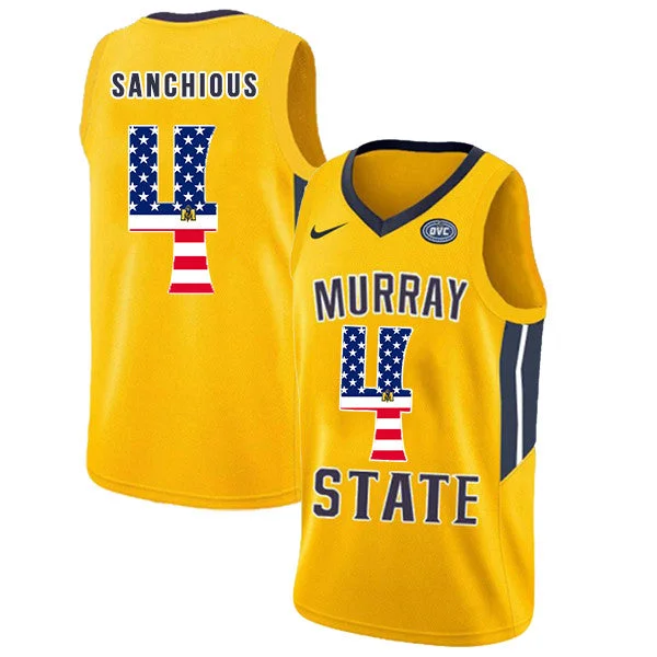 Murray State Racers 4 Brion Sanchious Yellow USA Flag College Basketball Basketball Jersey