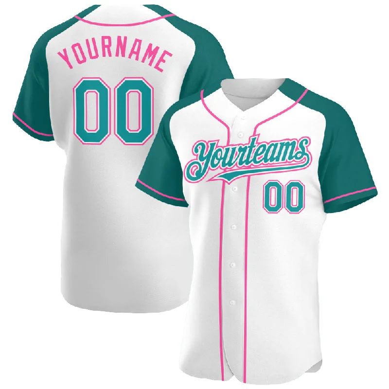 Custom White Teal-Pink Authentic Raglan Sleeves Baseball Jersey