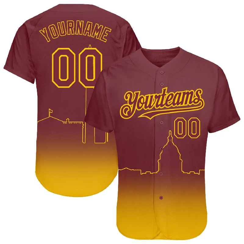 Custom Burgundy Yellow 3D Washington City Edition Fade Fashion Authentic Baseball Jersey