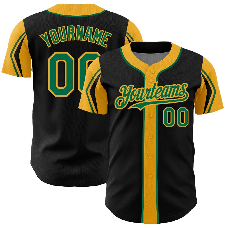 Custom Black Kelly Green-Gold 3 Colors Arm Shapes Authentic Baseball Jersey