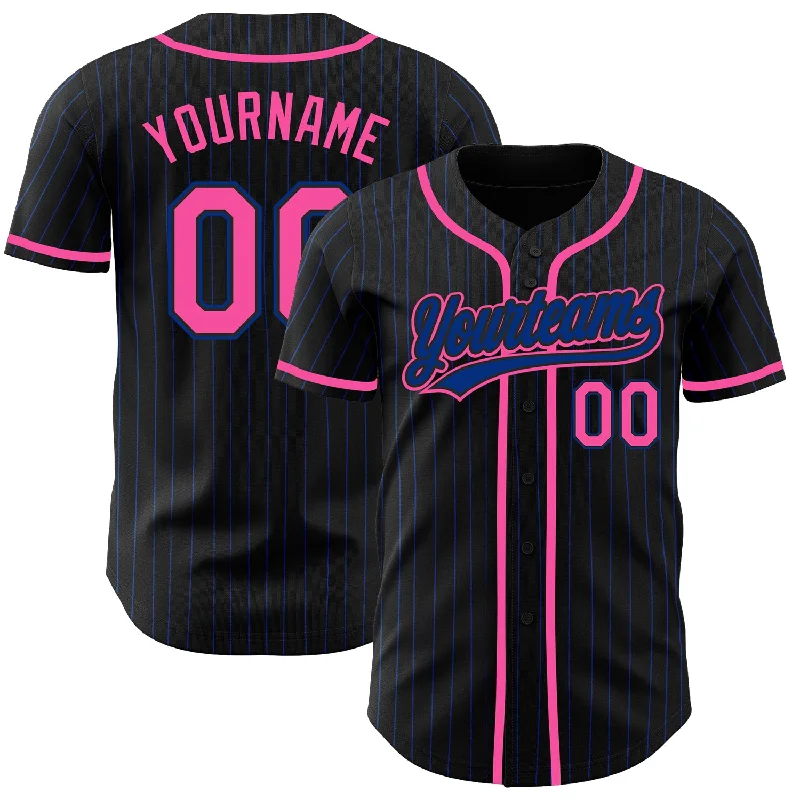 Custom Black Royal Pinstripe Pink Authentic Baseball Jersey