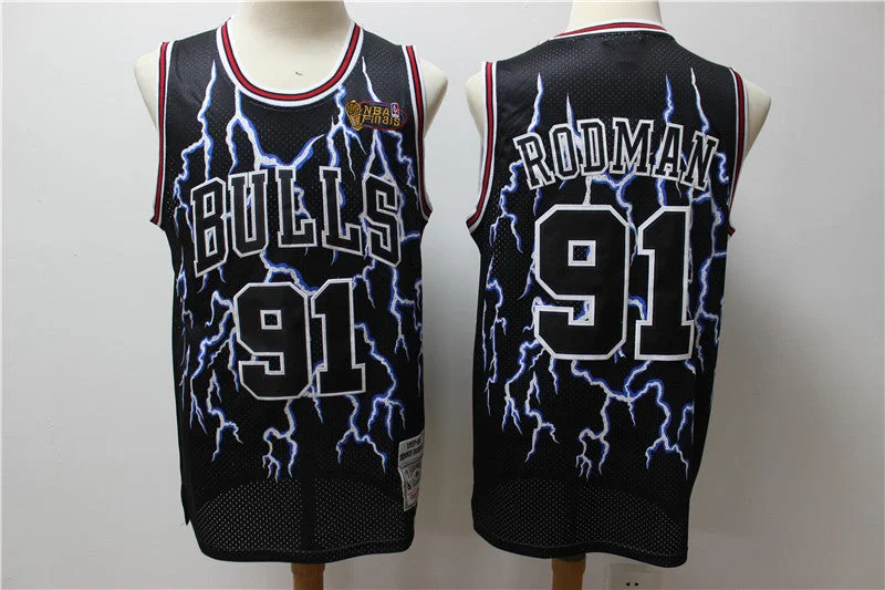 Bulls 91 Dennis Rodman Black Hardwood Classics Lightning Limited Edition Basketball Jersey