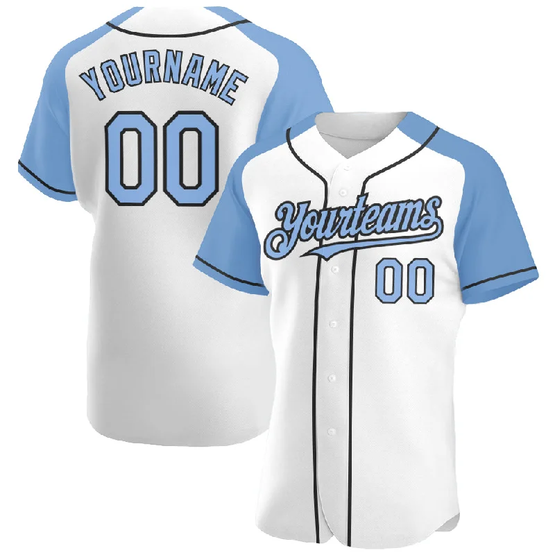 Custom White Light Blue-Black Authentic Raglan Sleeves Baseball Jersey