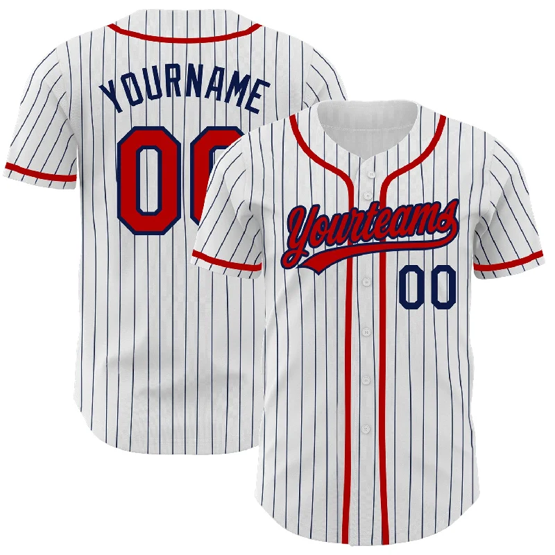 Custom White Navy Pinstripe Red Authentic Baseball Jersey