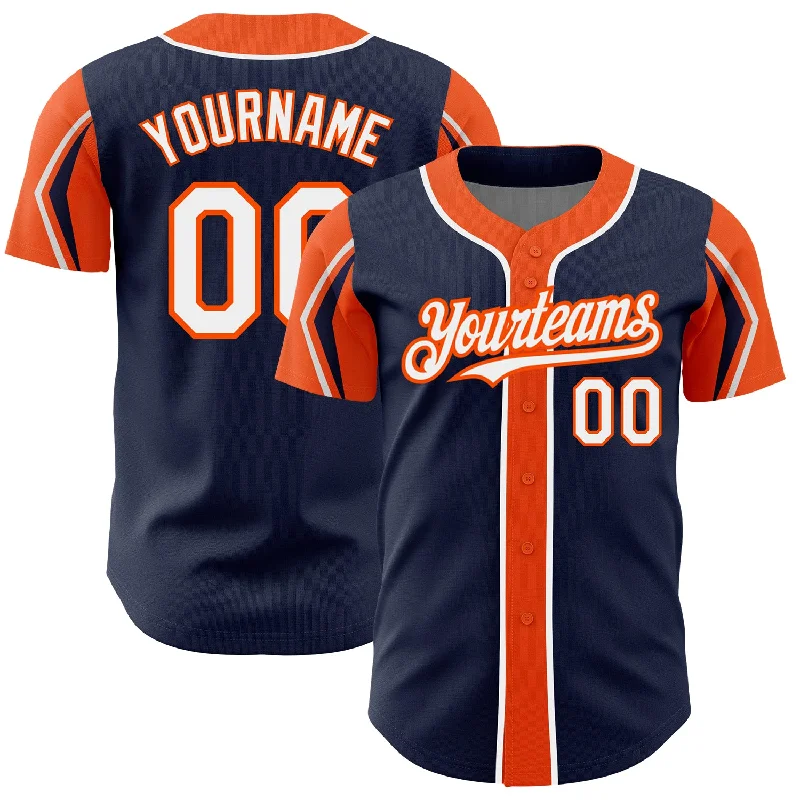 Custom Navy White-Orange 3 Colors Arm Shapes Authentic Baseball Jersey