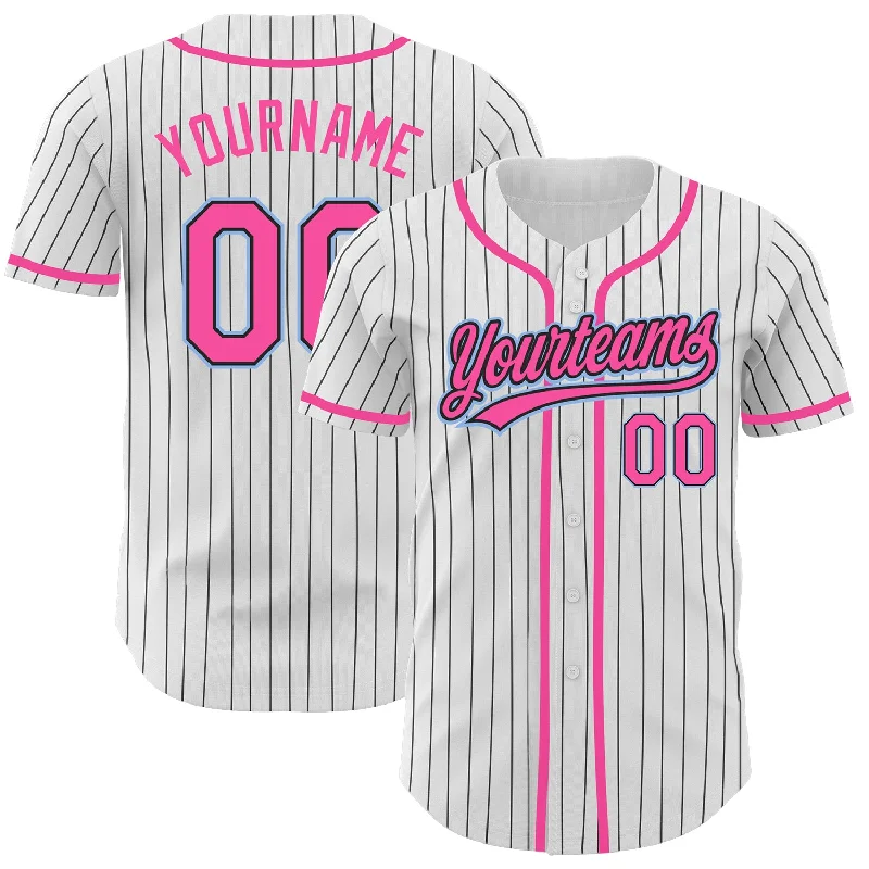 Custom White Black Pinstripe Pink-Light Blue Authentic Baseball Jersey