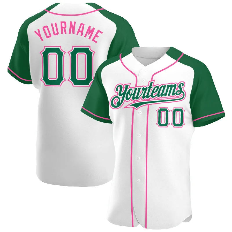 Custom White Kelly Green-Pink Authentic Raglan Sleeves Baseball Jersey