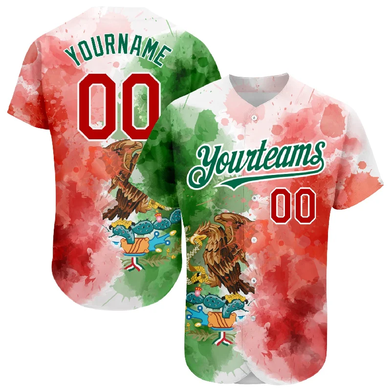 Custom Kelly Green Red-White 3D Mexican Flag Watercolored Splashes Grunge Design Authentic Baseball Jersey